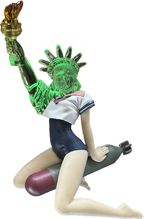 A creature with the Statue of Liberty's head and raised torch joined to a kneeling skateboarder's body.